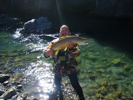 Angler holding a trout while fly fishing in a New Zealand river